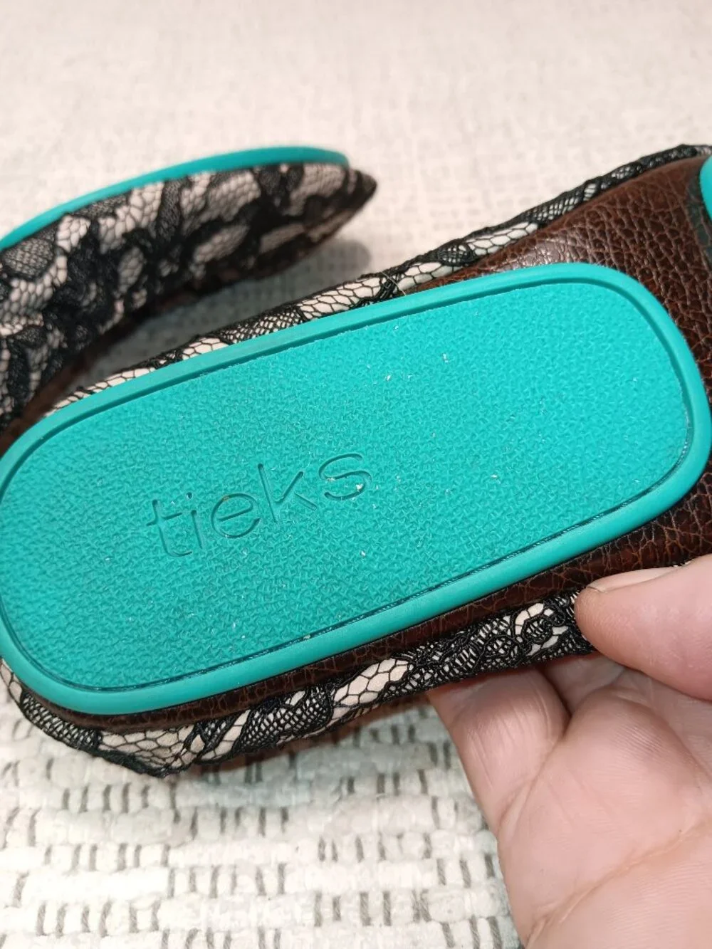 Tieks women's 'Nude Lace' black floral lace overlay leather ballet flats sz 9